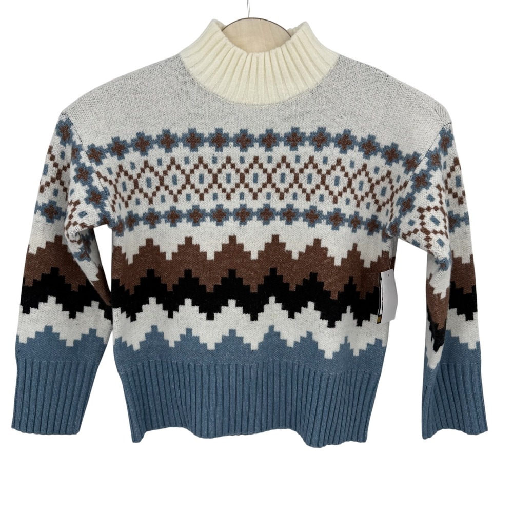 NWT Joseph A. Mock Neck Sweater Men Medium Blue Fair Isle Geometric Earth Tones